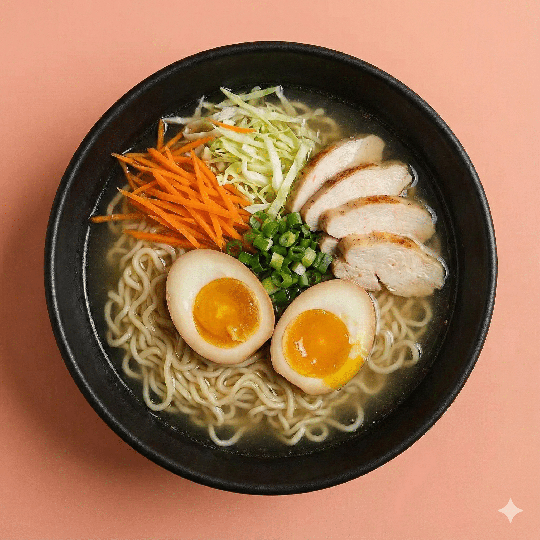 Poulet, bouillon clair, nouilles, légumes oeuf mariné