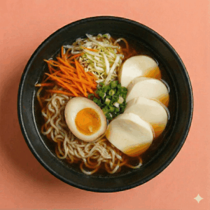 Tofu, bouillon soja, nouilles, légumes, œuf mariné