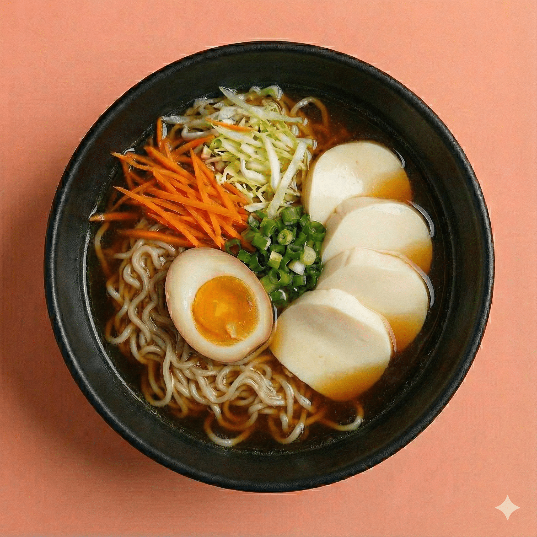 Tofu, bouillon soja, nouilles, légumes, œuf mariné