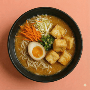 Tofu, bouillon miso, nouilles, légumes, œuf mariné