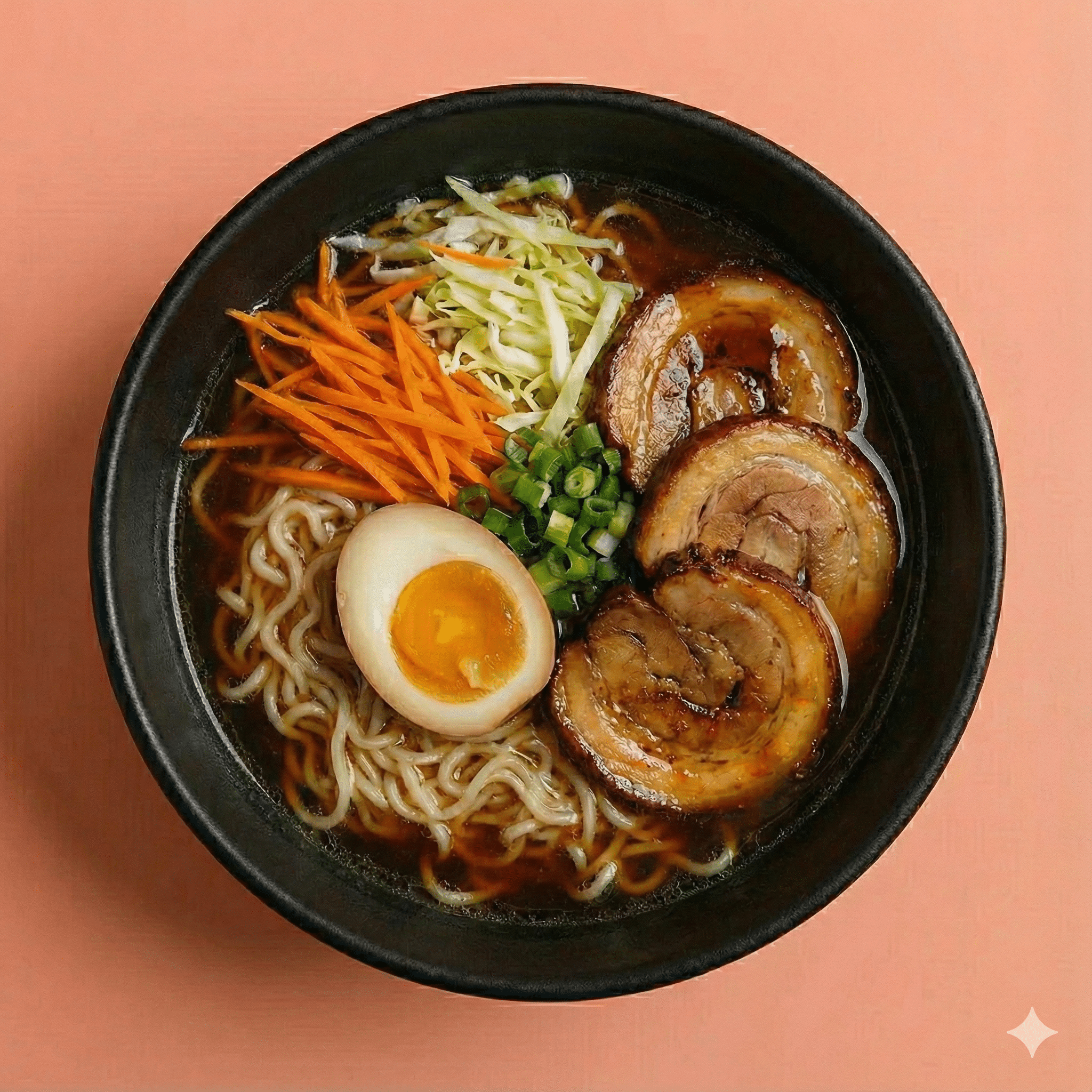 Chashu porc, bouillon soja, nouilles, légumes, œuf mariné